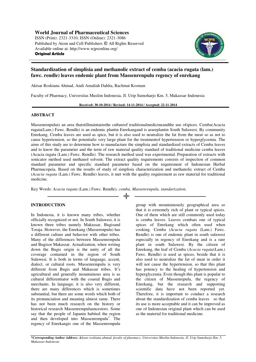 (PDF) Standardization of simplisia and methanolic extract of cemba ...