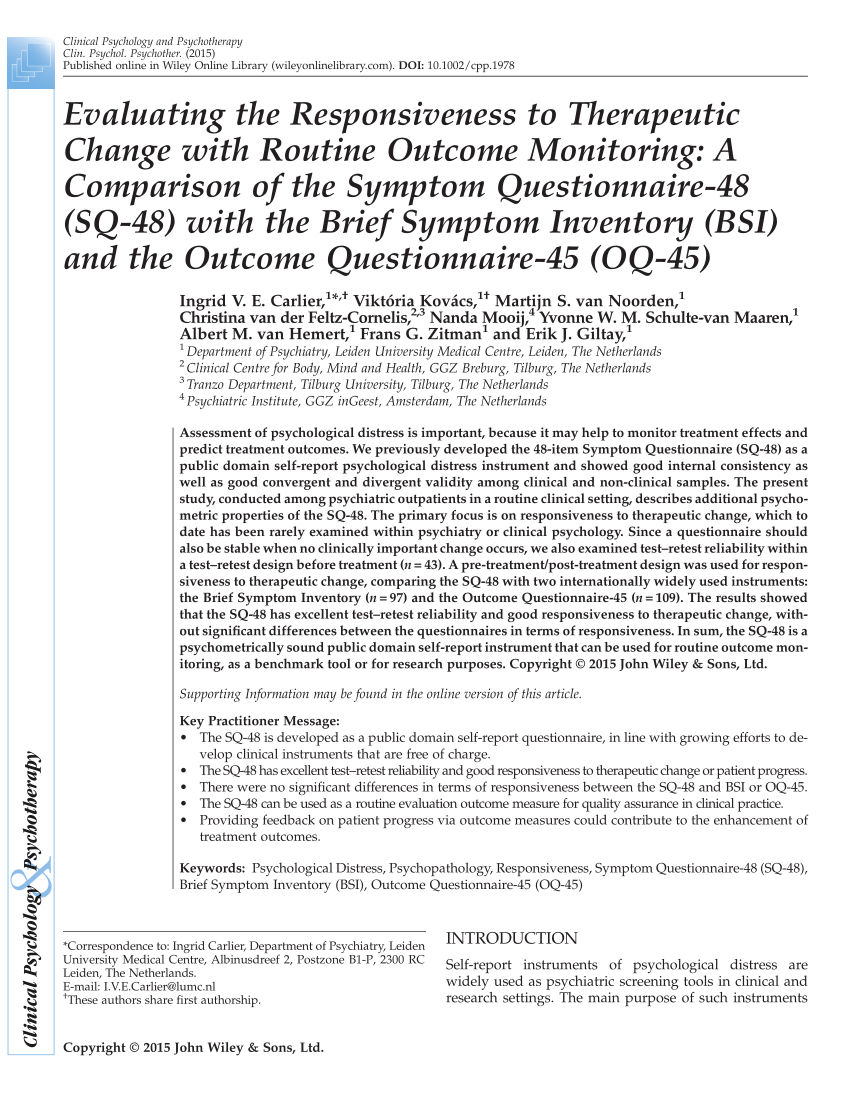 Pdf Evaluating The Responsiveness To Therapeutic Change With Routine Outcome Monitoring A Comparison Of The Symptom Questionnaire 48 Sq 48 With The Brief Symptom Inventory Bsi And The Outcome Questionnaire 45 Oq 45