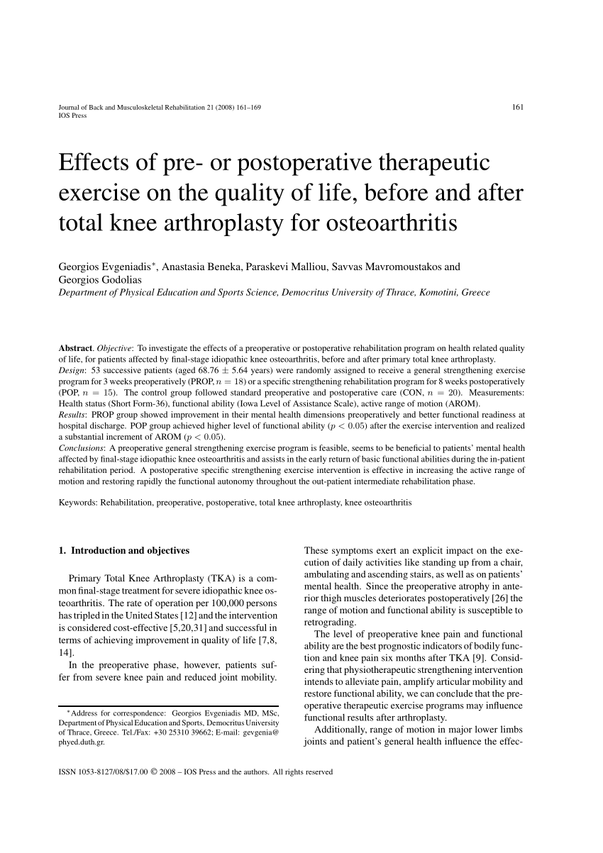 PDF) Effects of pre- or postoperative therapeutic exercise on the quality  of life, before and after total knee arthroplasty for osteoarthritis