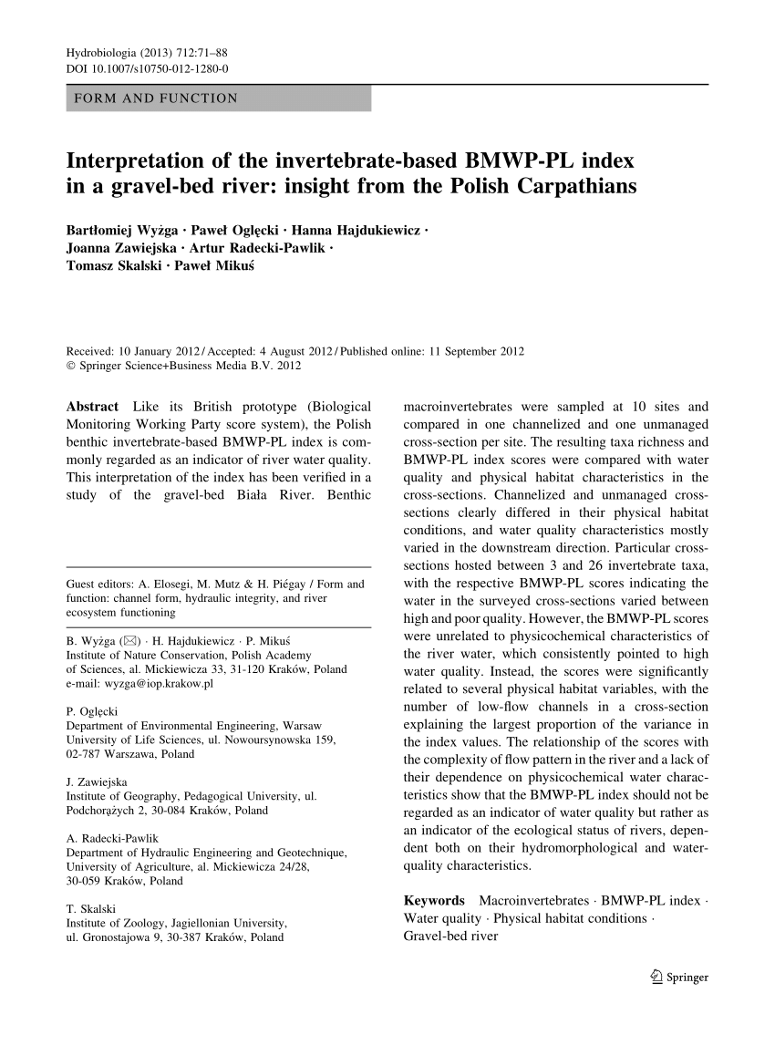 (PDF) Interpretation of the invertebratebased BMWPPL index in a