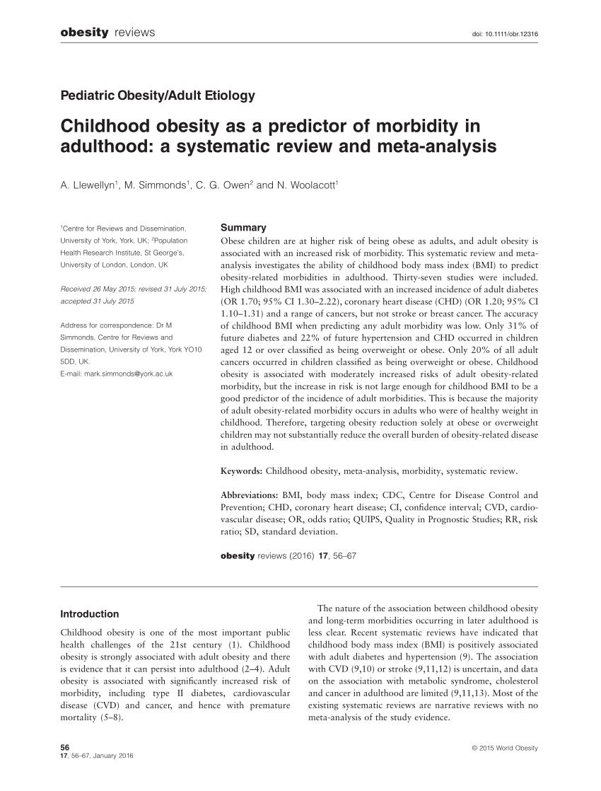 Pdf Childhood Obesity As A Predictor Of Morbidity In Adulthood A