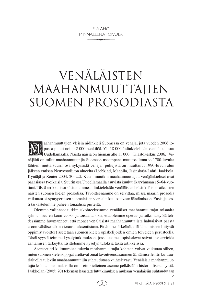 PDF) Venäläisten maahanmuuttajien suomen prosodiasta