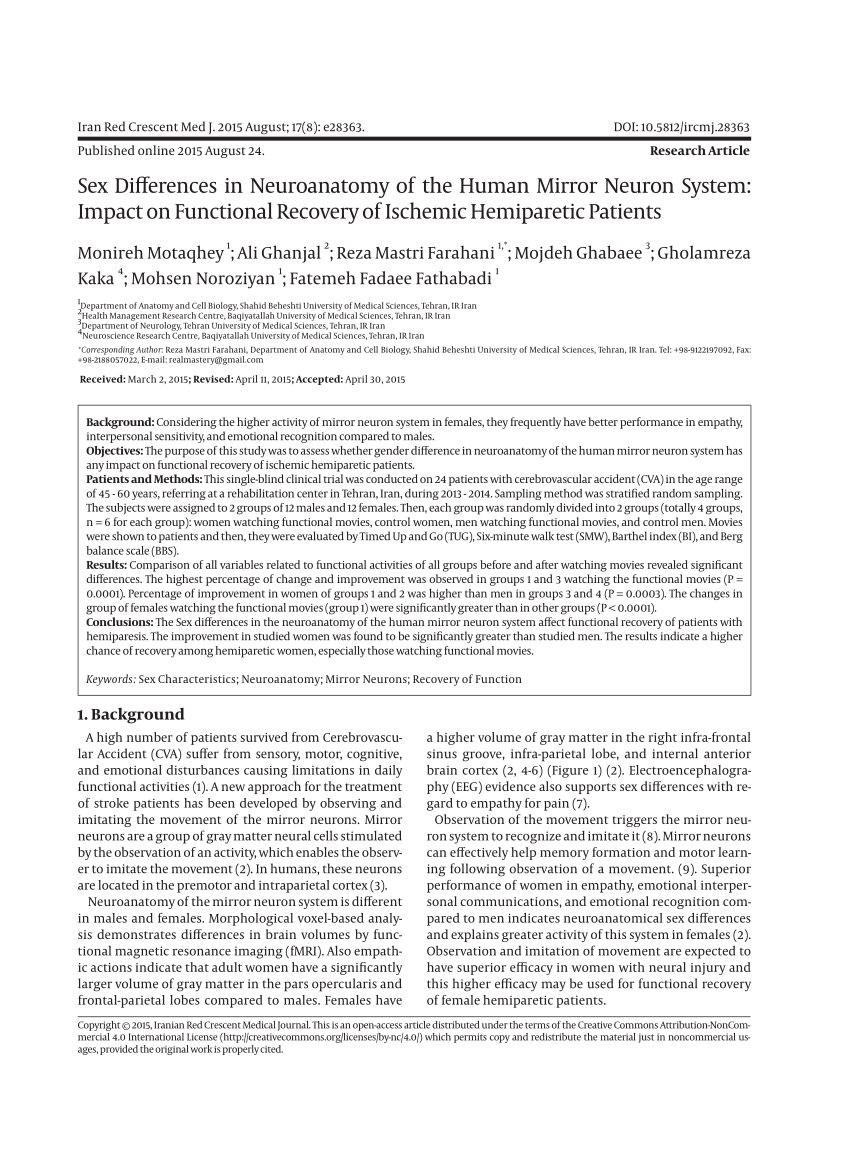 Pdf Sex Differences In Neuroanatomy Of The Human Mirror Neuron System Impact On Functional 