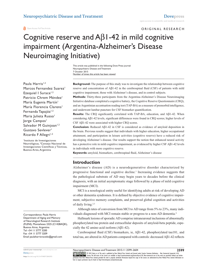 (PDF) Cognitive reserve and Aβ1-42 in mild cognitive impairment ...