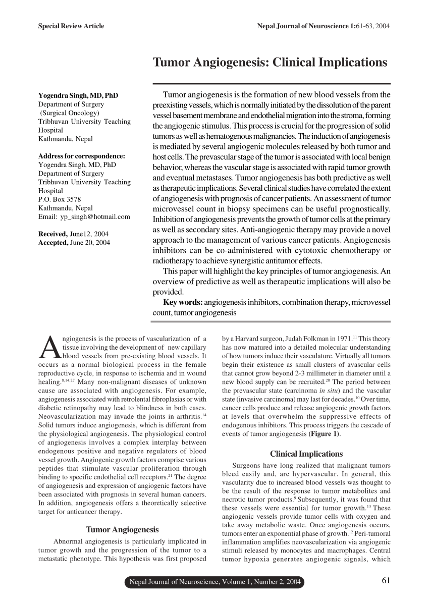 Pdf Tumor Angiogenesis Clinical Implications