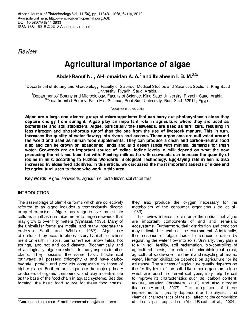 Pdf Agricultural Importance Of Algae