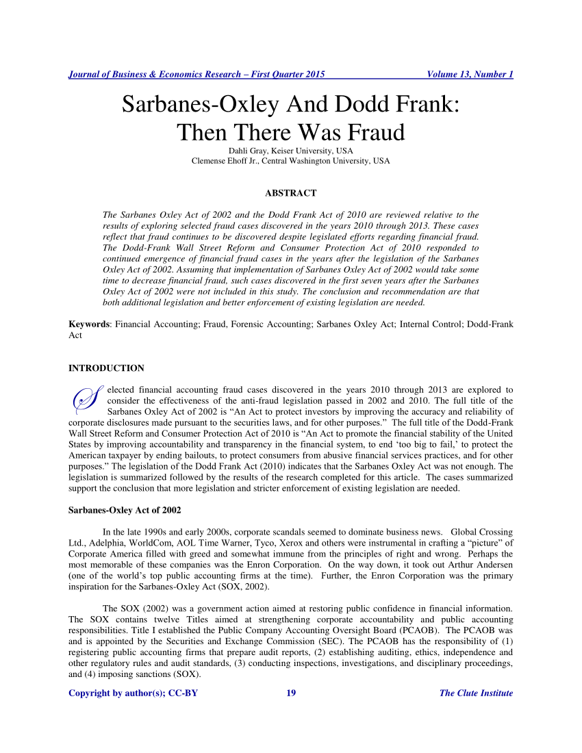 Pdf Sarbanes Oxley And Dodd Frank Then There Was Fraud - 