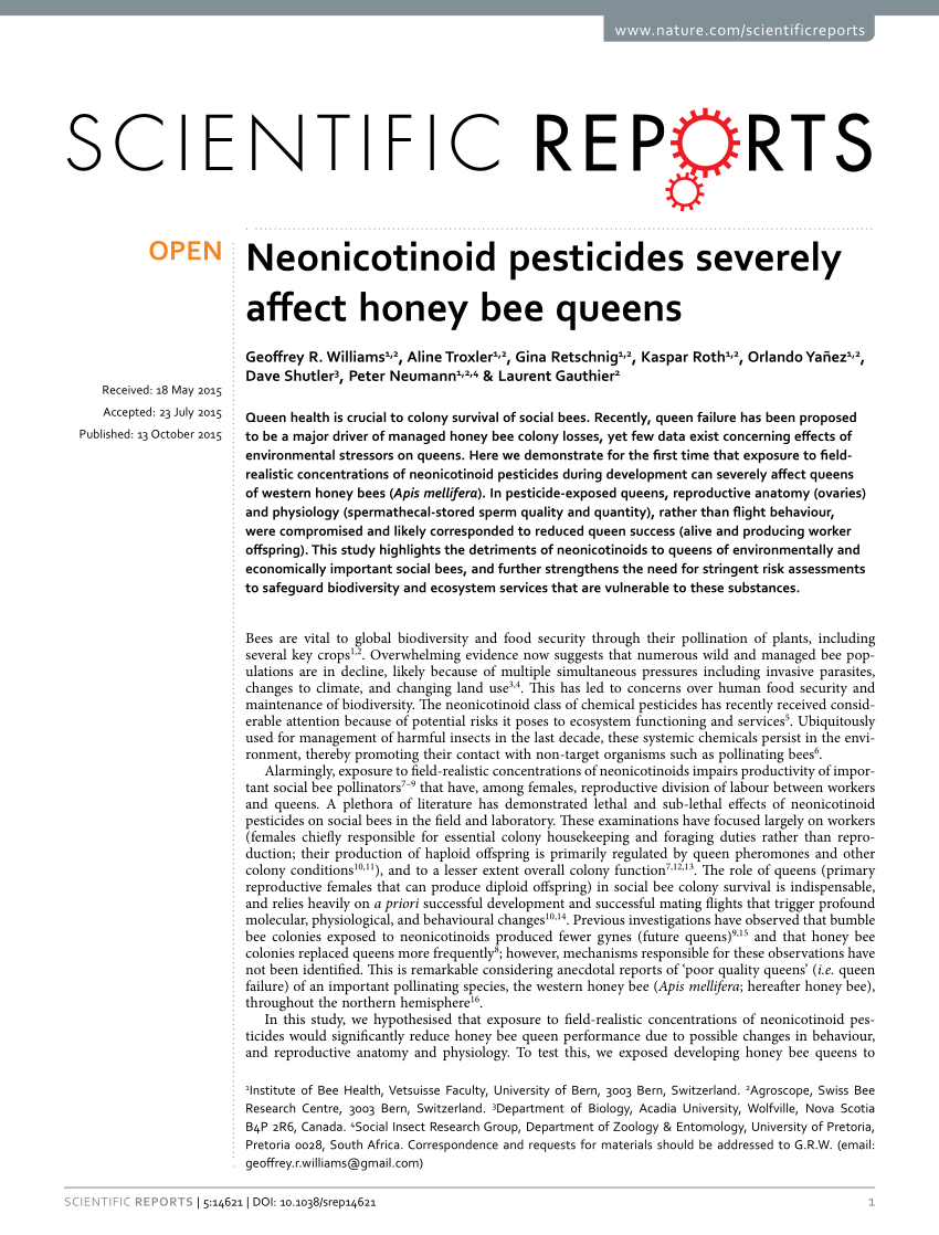 Pdf Neonicotinoid Pesticides Severely Affect Honey Bee Queens