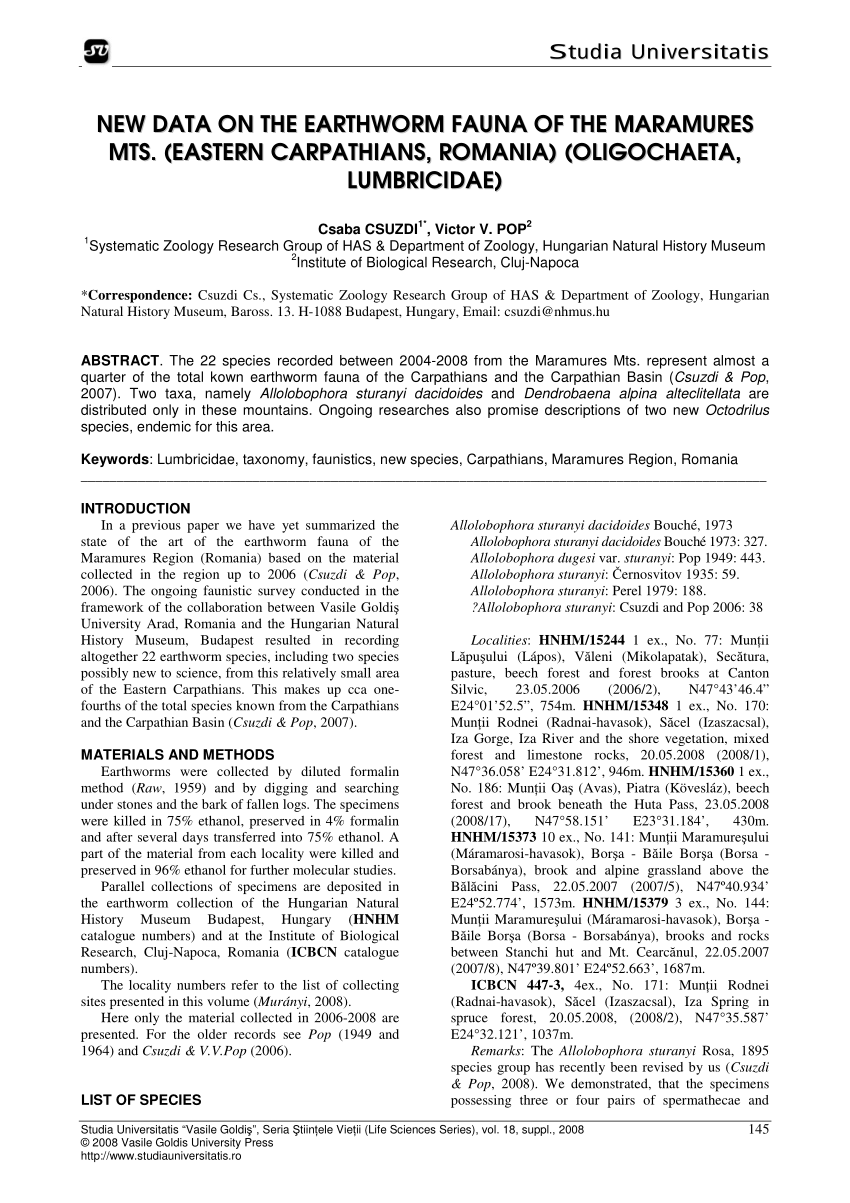 PDF) New data on the earthworm fauna of the Maramures Mts. (Eastern  Carpathians