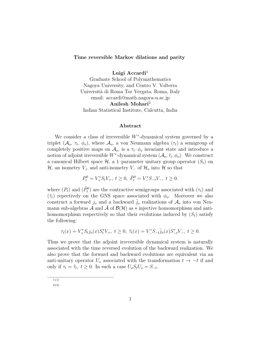 Pdf Time Reversible Markov Dilation And Parity