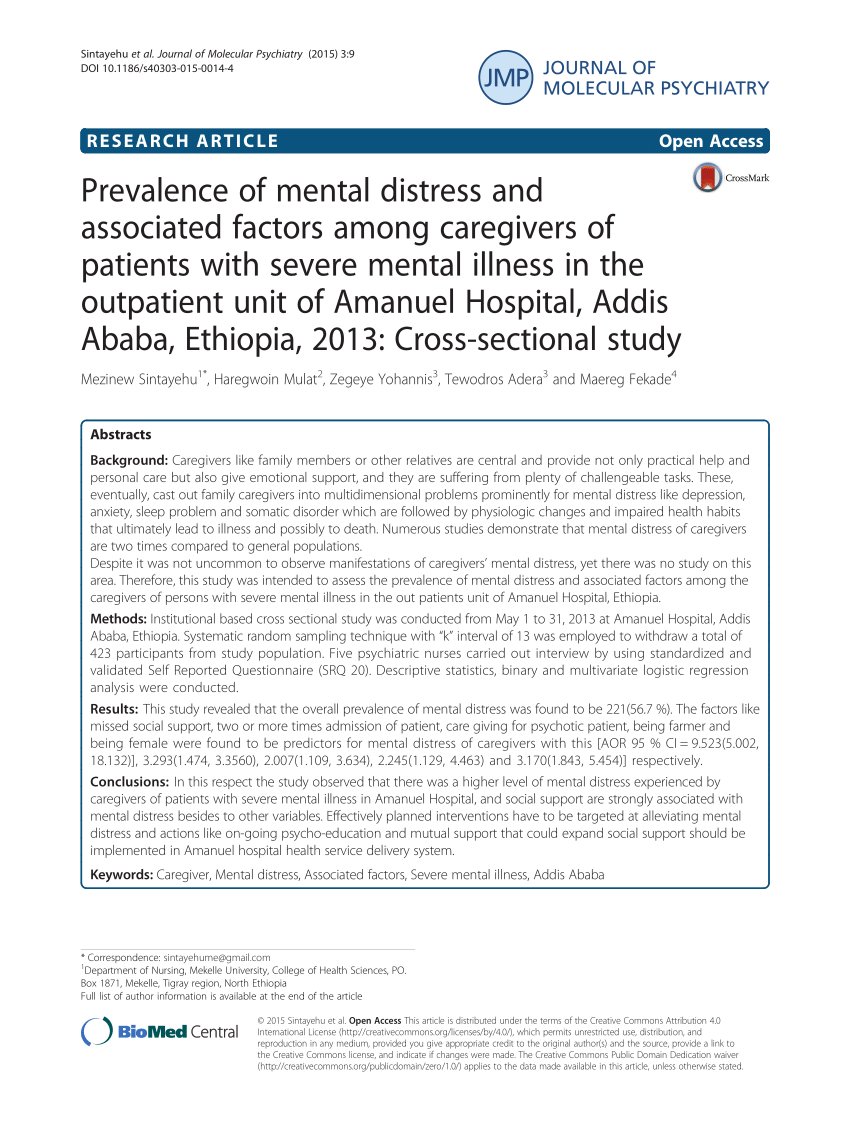 PDF) Prevalence of mental distress and associated factors among caregivers  of patients with severe mental illness in the outpatient unit of Amanuel  Hospital, Addis Ababa, Ethiopia, 2013: Cross-sectional study