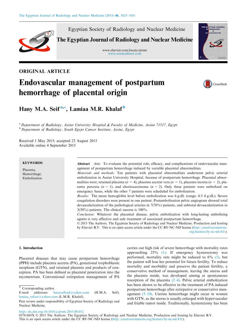 (PDF) Endovascular management of postpartum hemorrhage of placental origin