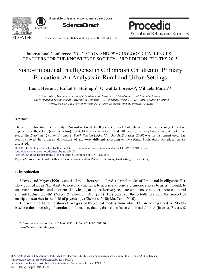 Pdf Socio Emotional Intelligence In Colombian Children Of Primary Education An Analysis In Rural And Urban Settings