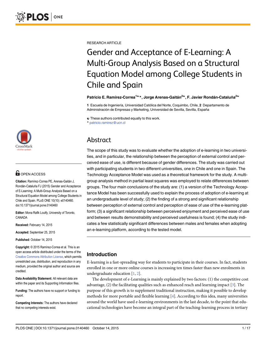 Pdf Gender And Acceptance Of E Learning A Multi Group Analysis Based On A Structural Equation Model Among College Students In Chile And Spain