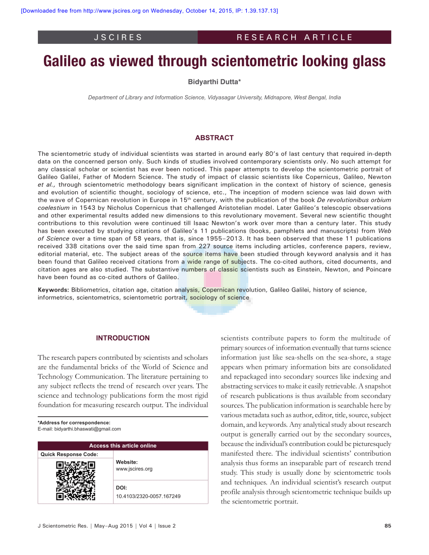 Pdf Galileo As Viewed Through Scientometric Looking Glass
