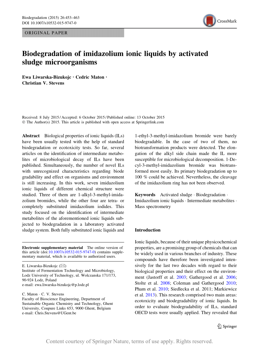 Pdf Biodegradation Of Imidazolium Ionic Liquids By Activated Sludge Microorganisms