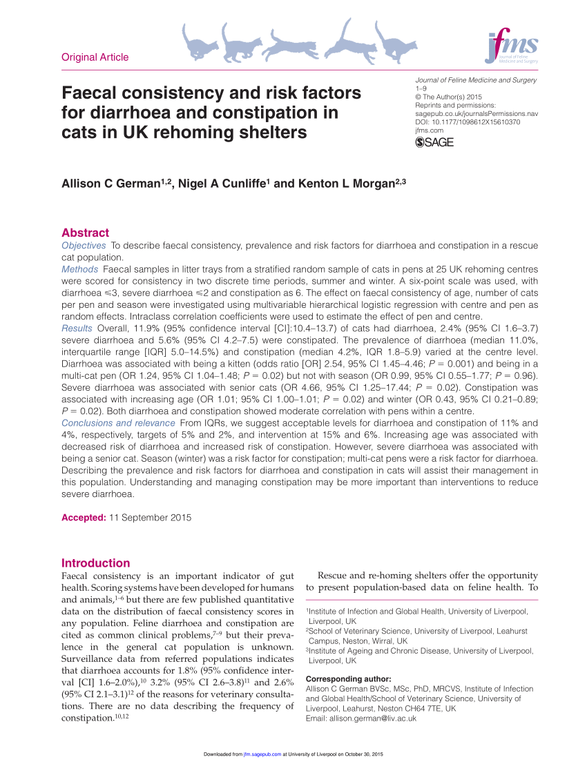Pdf Faecal Consistency And Risk Factors For Diarrhoea And Constipation In Cats In Uk Rehoming Shelters