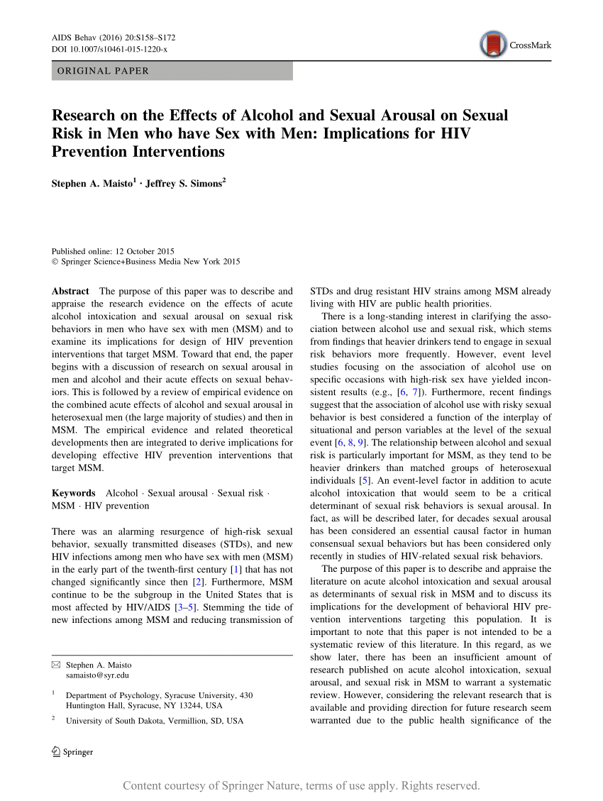 Research On The Effects Of Alcohol And Sexual Arousal On Sexual Risk In Men Who Have Sex With 1082