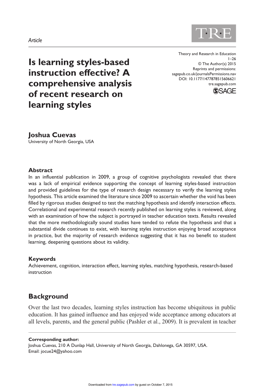 research paper on learning styles pdf