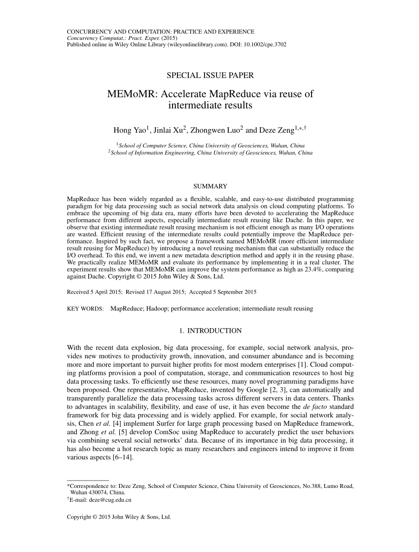 (PDF) MEMoMR: Accelerate MapReduce via reuse of intermediate results