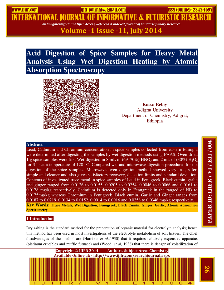 (PDF) Acid Digestion of Spice Samples for Heavy Metal Analysis Using