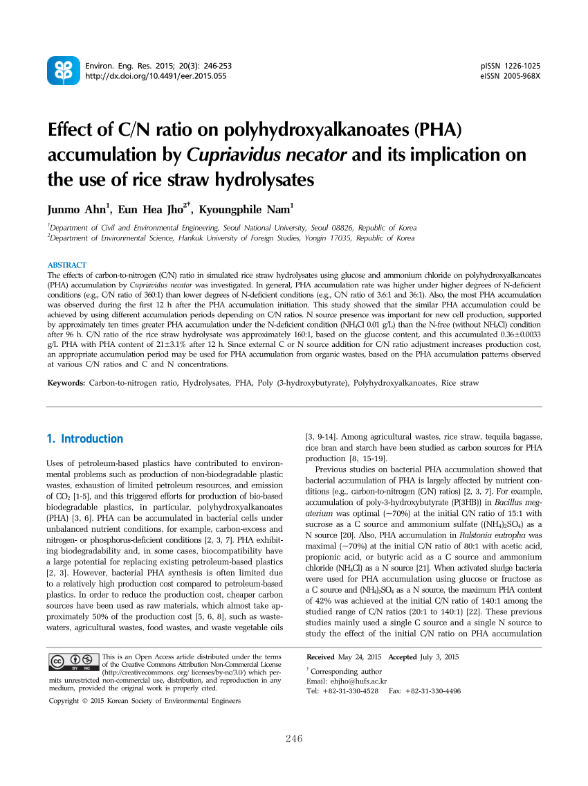 Pdf Effect Of C N Ratio On Polyhydroxyalkanoates Pha Accumulation By Cupriavidus Necator And Its Implication On The Use Of Rice Straw Hydrolysates