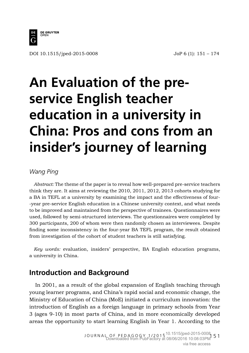 Pdf An Evaluation Of The Preservice English Teacher Education In A University In China Pros And Cons From An Insider S Journey Of Learning