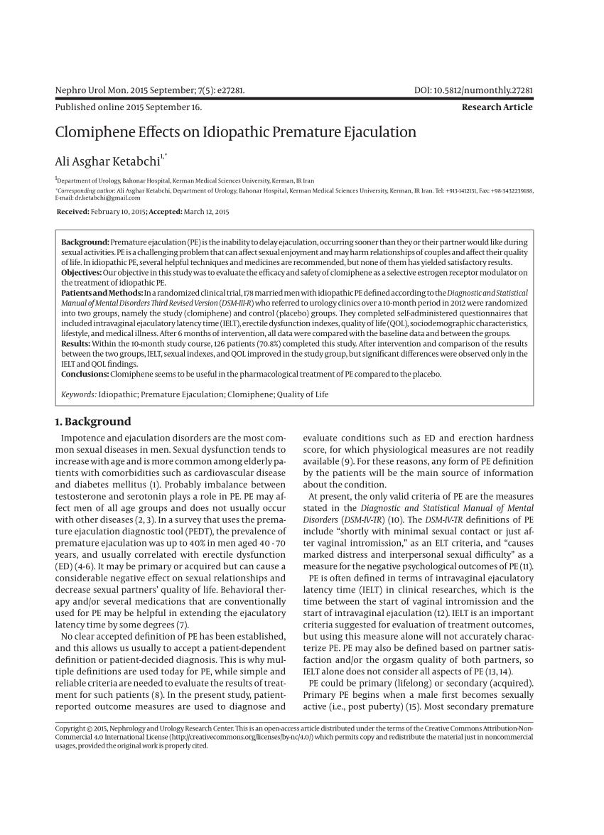 PDF Clomiphene Effects on Idiopathic Premature Ejaculation