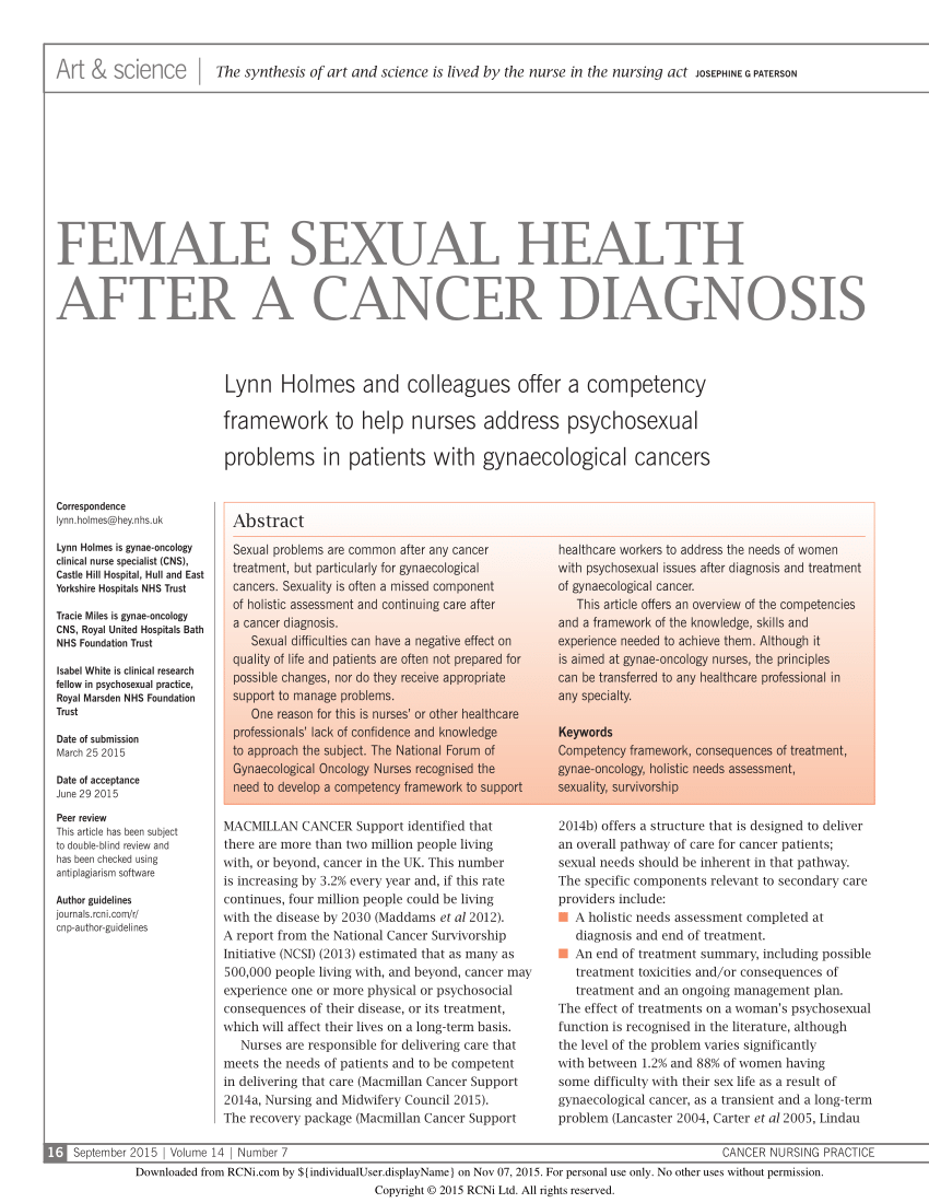 Pdf Female Sexual Health After A Cancer Diagnosis