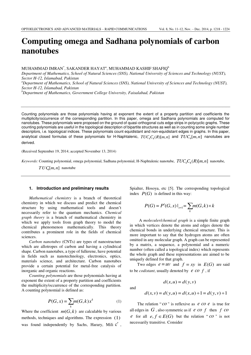 Pdf Computing Omega And Sadhana Polynomials Of Carbon Nanotubes