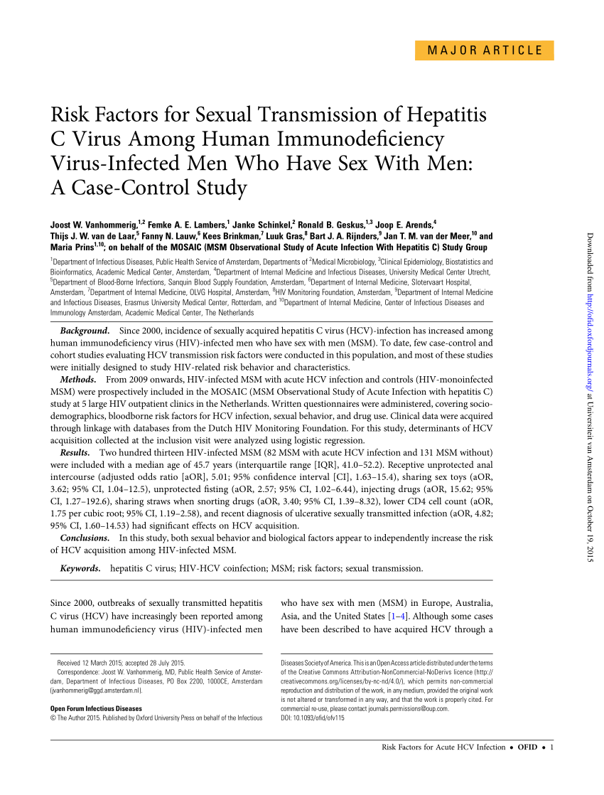 PDF) Risk Factors for Sexual Transmission of Hepatitis C Virus Among  HIV-Infected Men Who Have Sex With Men: a Case-Control Study