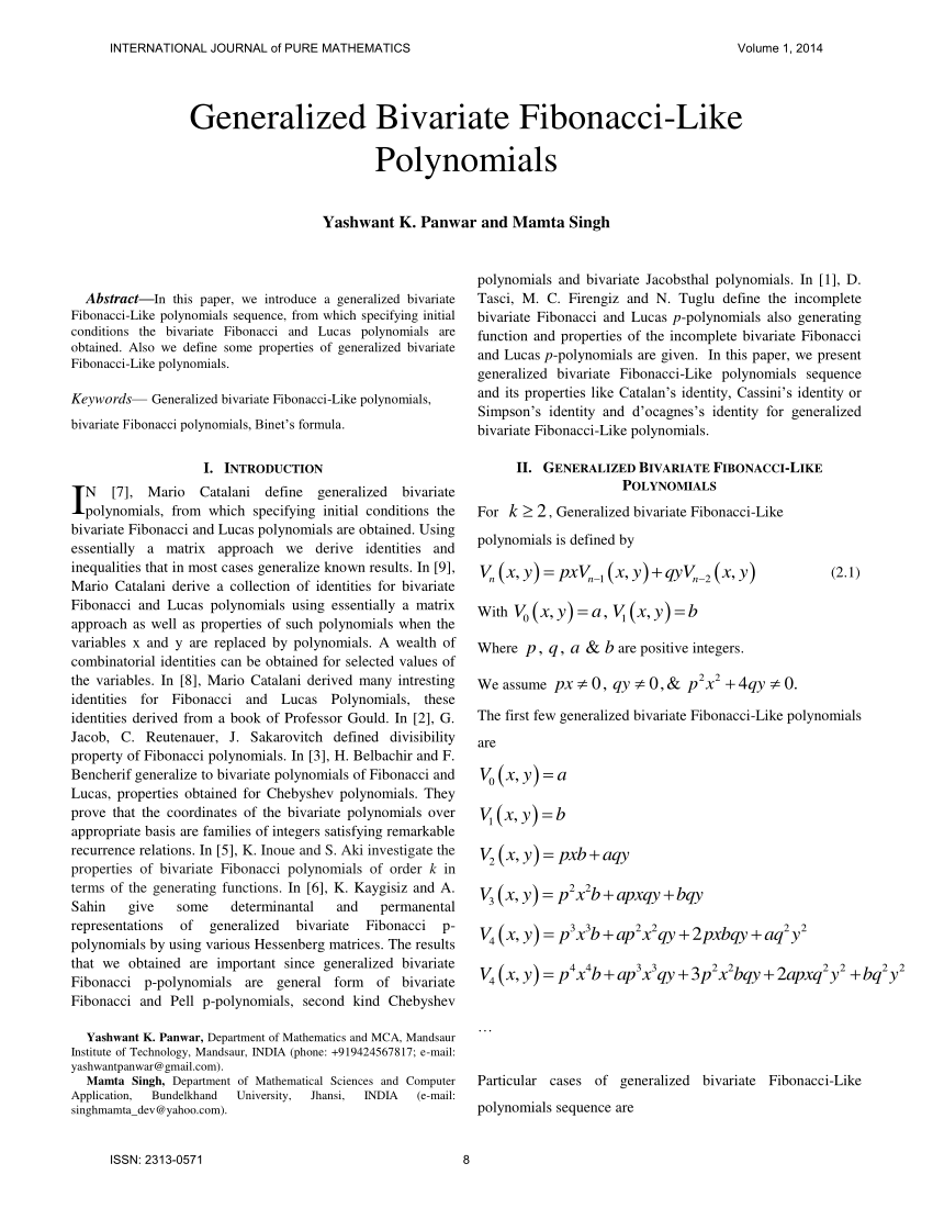 Pdf Generalized Bivariate Fibonacci Like Polynomials
