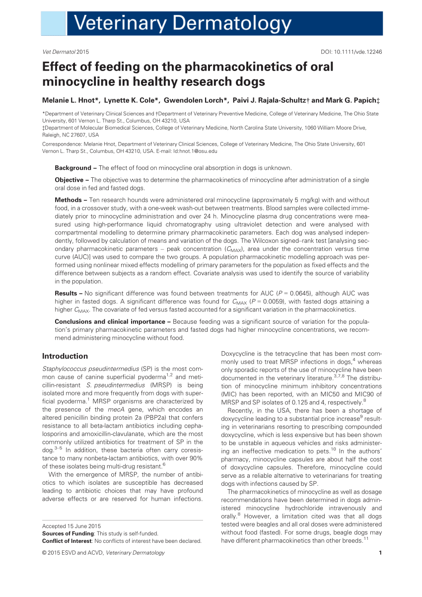 PDF) Minocycline Pharmacokinetics Effect of Feeding Hnot Vet Derm 2015