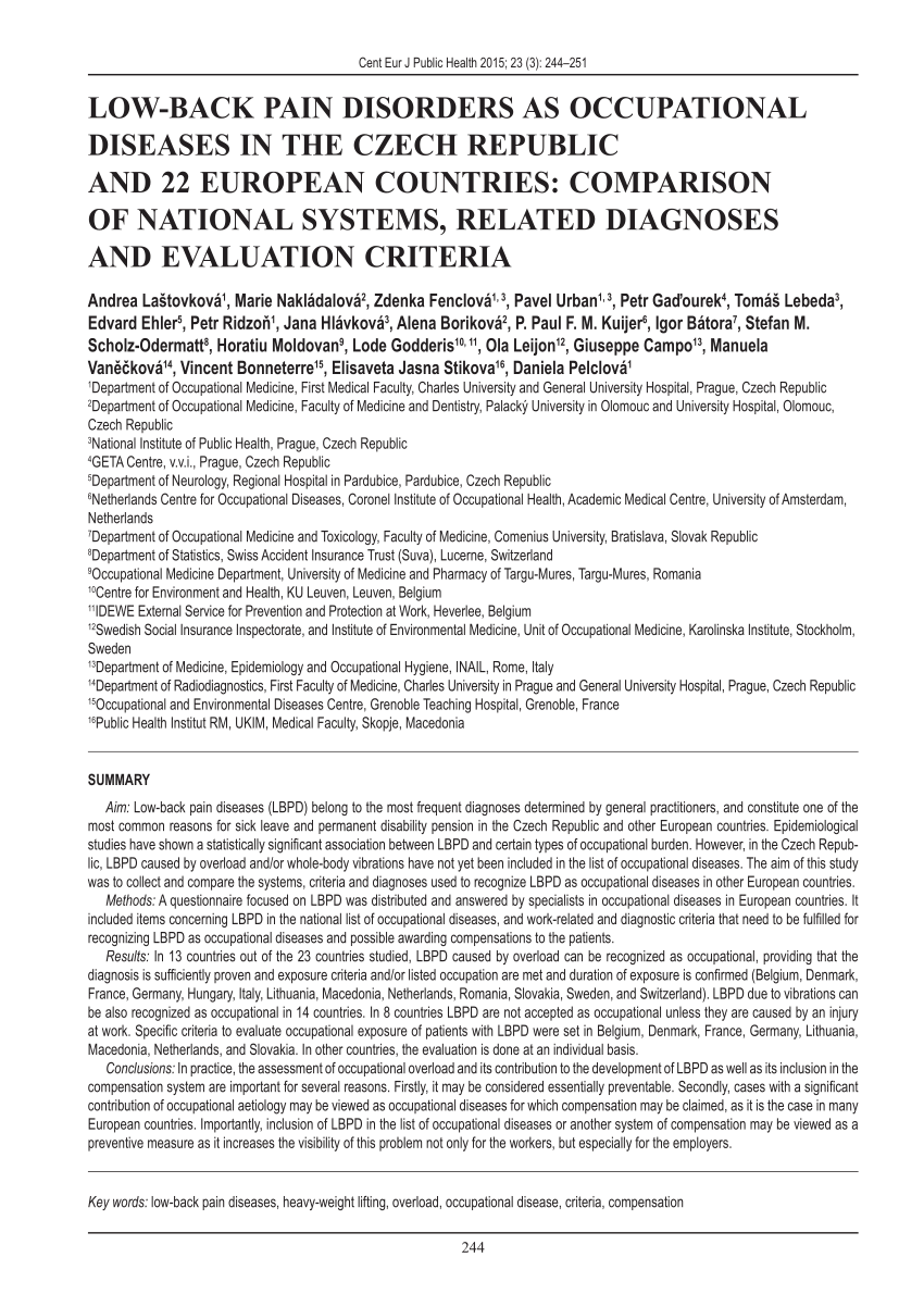 Pdf Low Back Pain Disorders As Occupational Diseases In The Czech Republic And 22 European Countries Comparison Of National Systems Related Diagnoses And Evaluation Criteria
