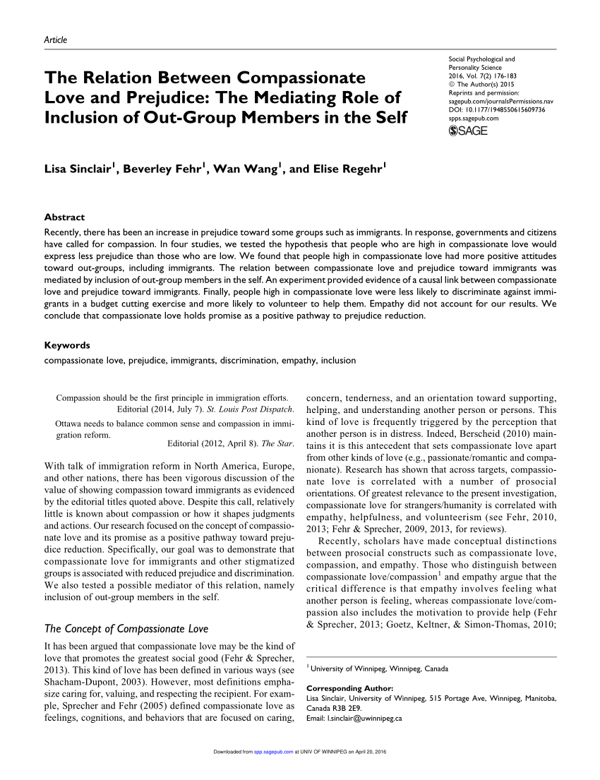 Pdf The Relation Between Compassionate Love And Prejudice The Mediating Role Of Inclusion Of Out Group Members In The Self