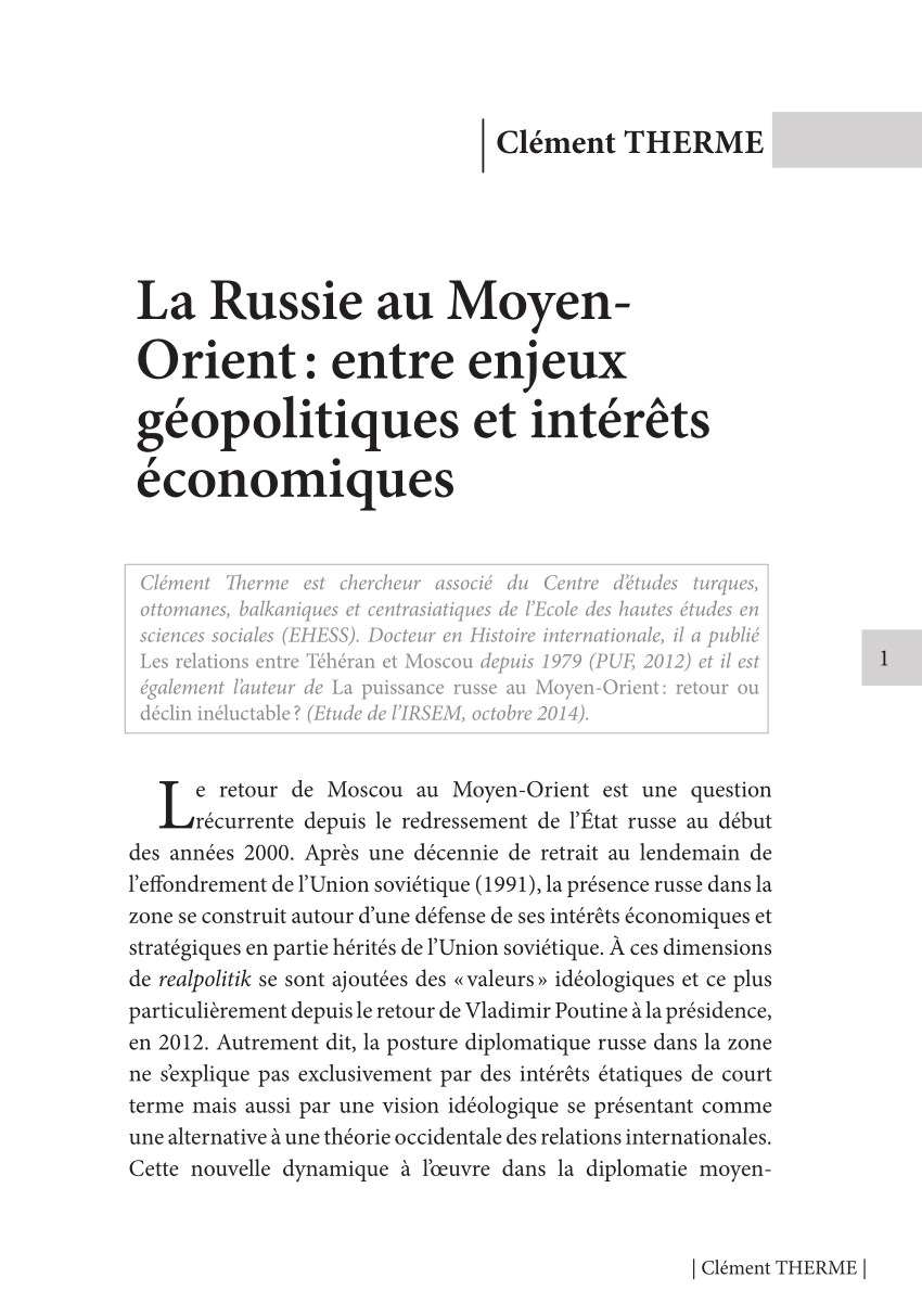 Pdf La Russie Au Moyen Orient Entre Enjeux Geopolitiques Et Interets Economiques