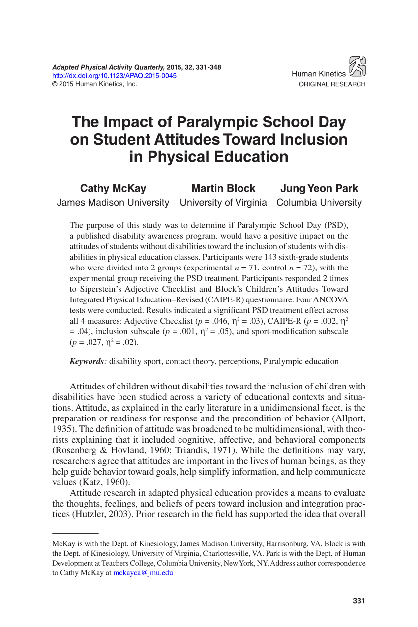 Pdf The Impact Of Paralympic School Day On Student Attitudes Toward Inclusion In Physical Education