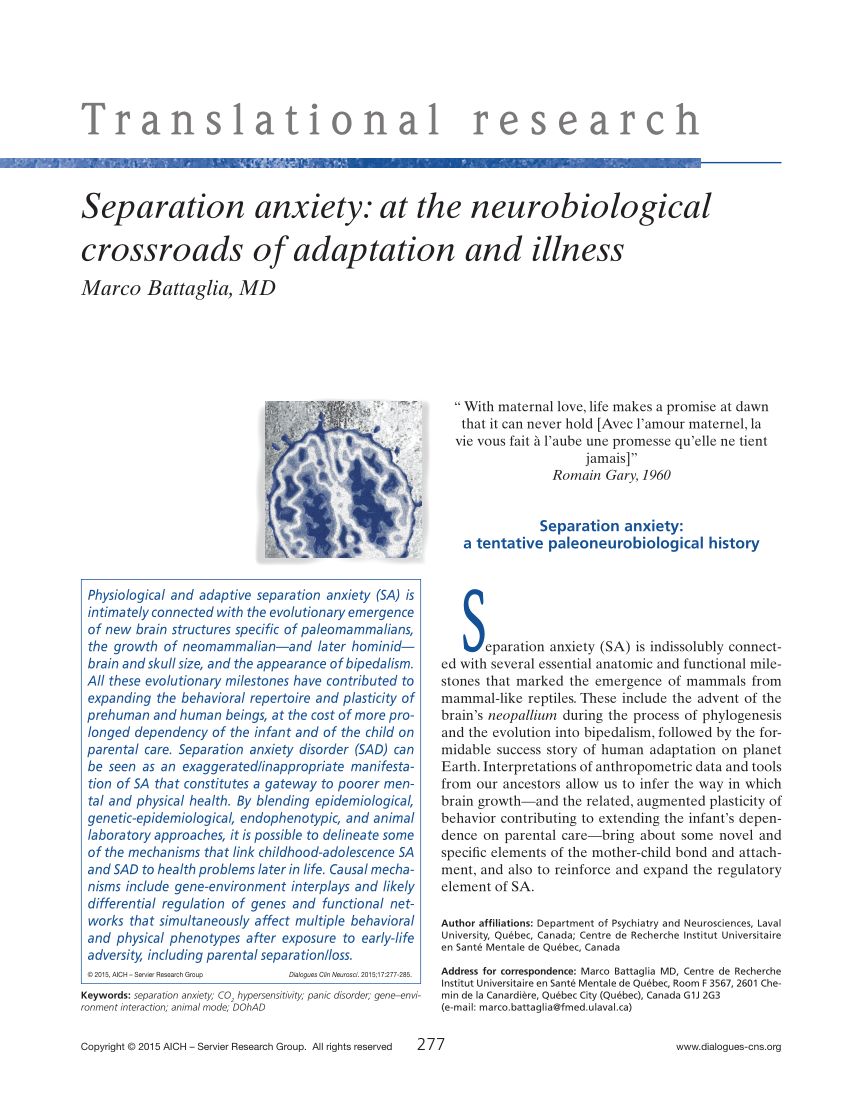 Pdf Separation Anxiety At The Neurobiological Crossroads Of Adaptation And Illness Dialogues Clin Neurosci 15 17 277 285