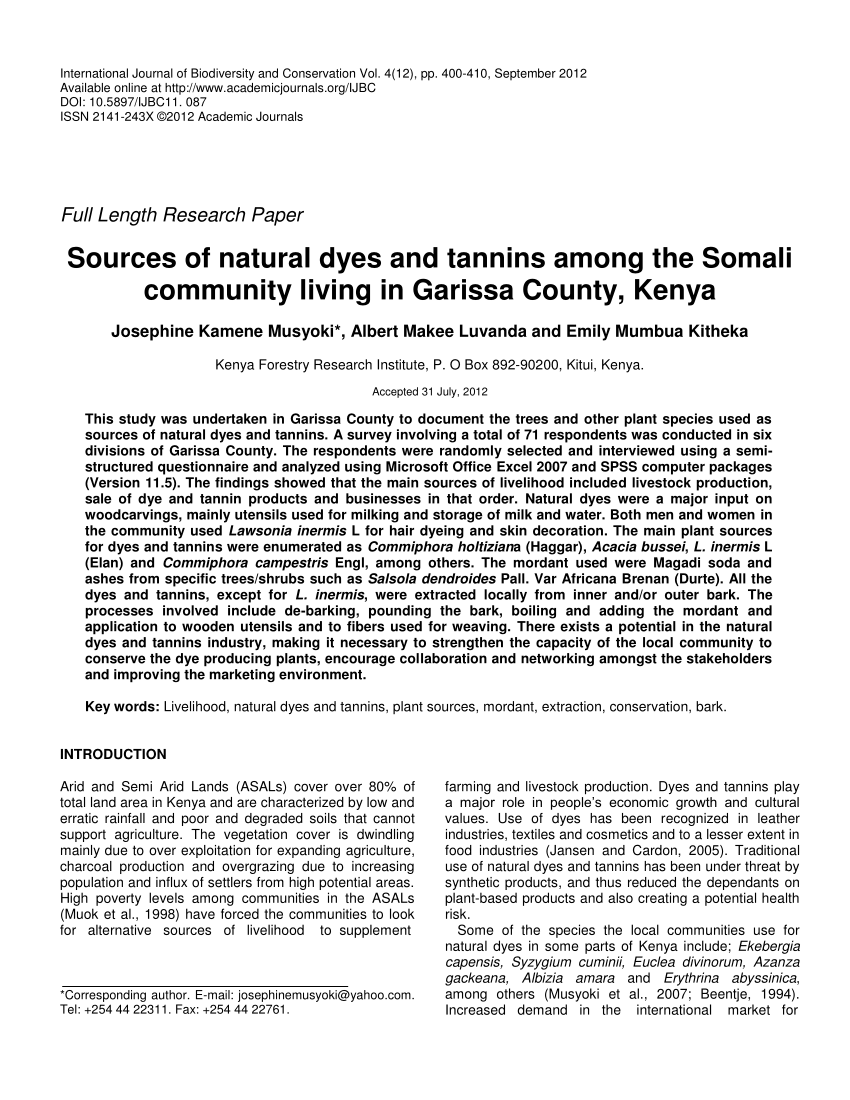 Pdf Sources Of Natural Dyes And Tannins Among The Somali Community Living In Garissa County Kenya