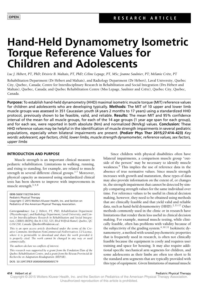 Pdf Hand Held Dynamometry Isometric Torque Reference Values For Children And Adolescents