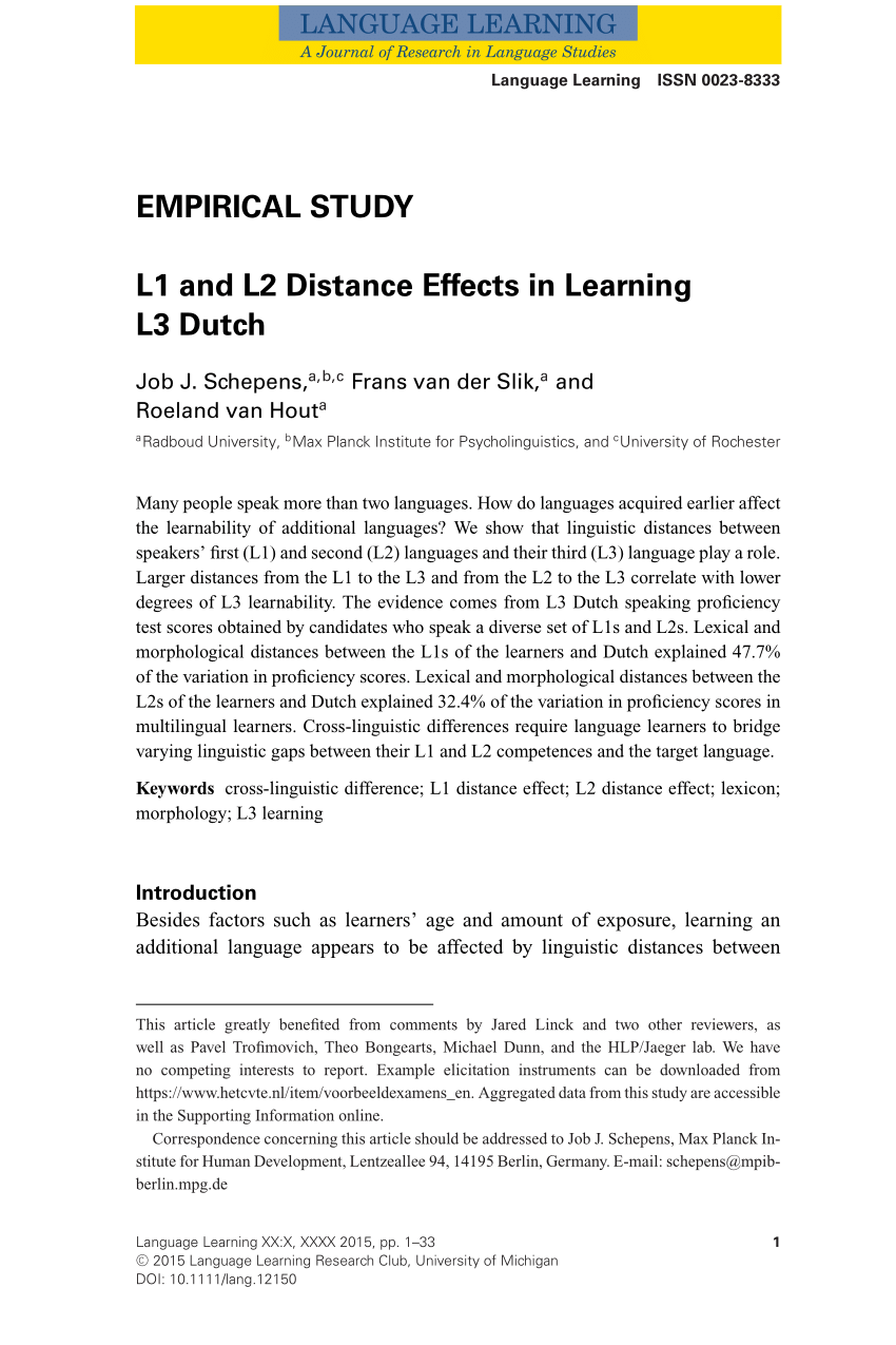 Pdf L1 And L2 Distance Effects In Learning L3 Dutch