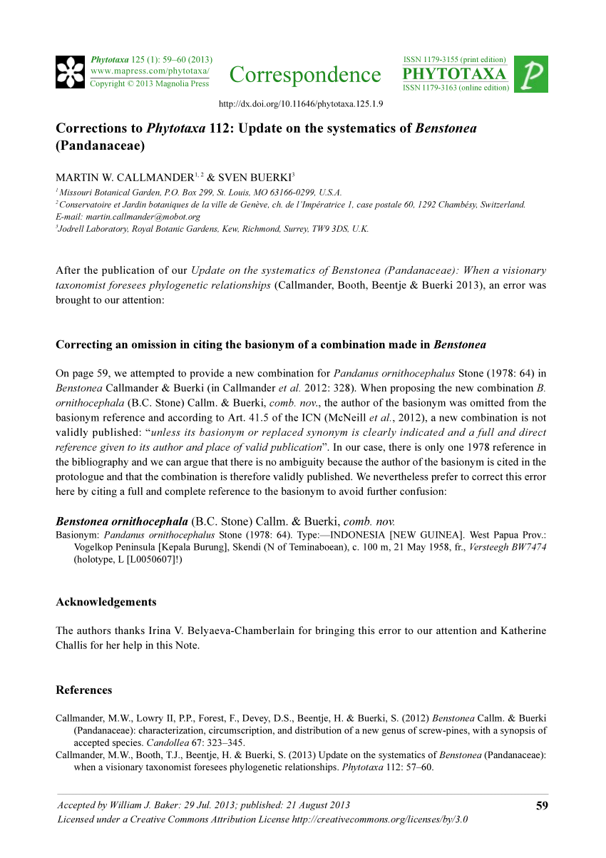Pdf Corrections To Phytotaxa 112 Update On The Systematics Of Benstonea Pandanaceae