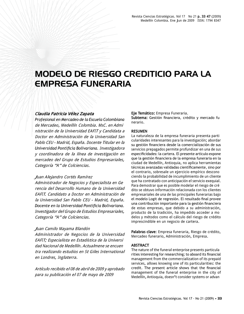PDF) Modelo de Riesgo Crediticio para la Empresa Funeraria