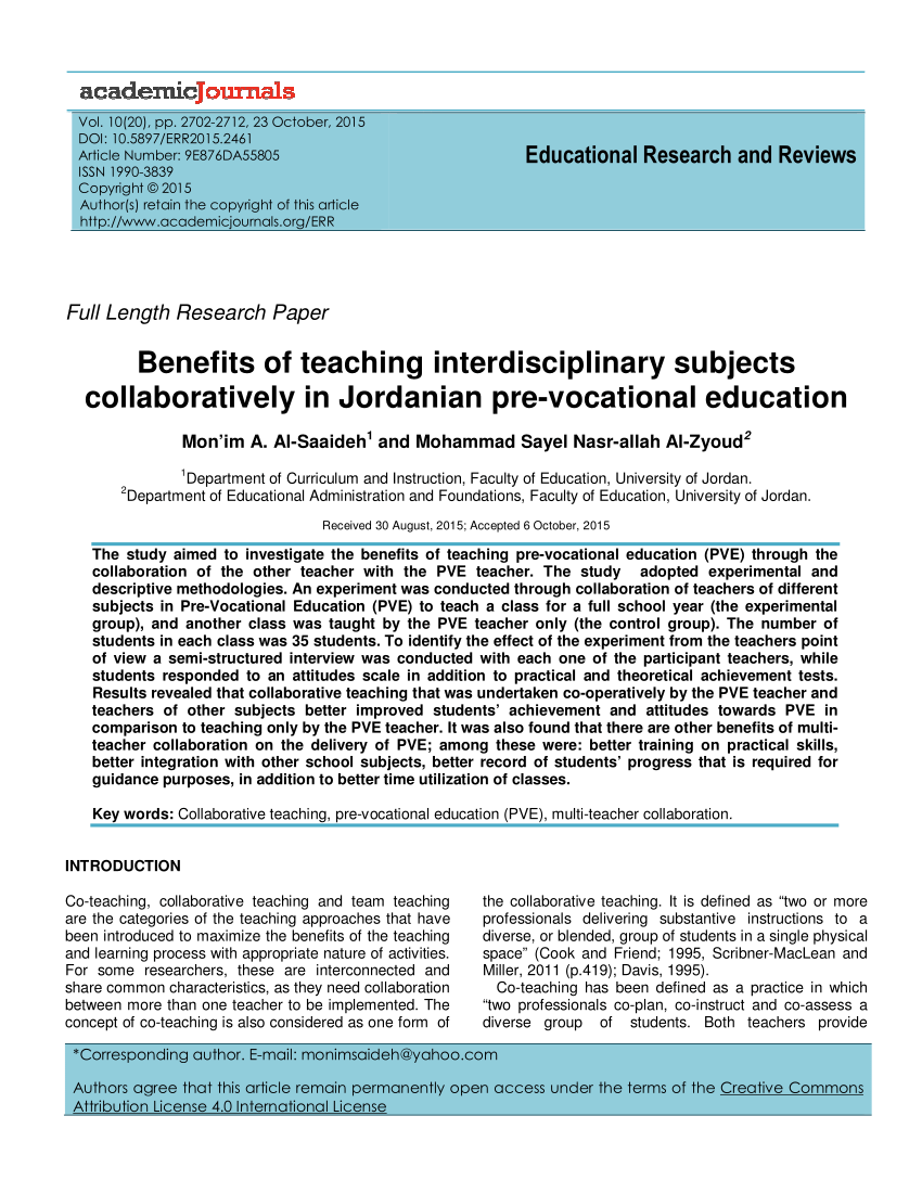 Pdf Benefits Of Teaching Interdisciplinary Subjects Collaboratively In Jordanian Pre Vocational Education