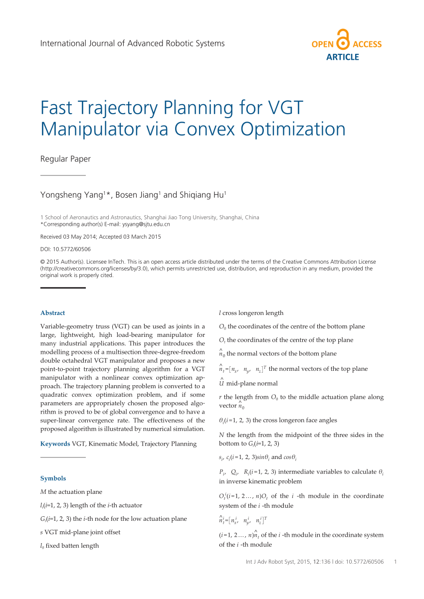 Pdf Fast Trajectory Planning For Vgt Manipulator Via Convex Optimization