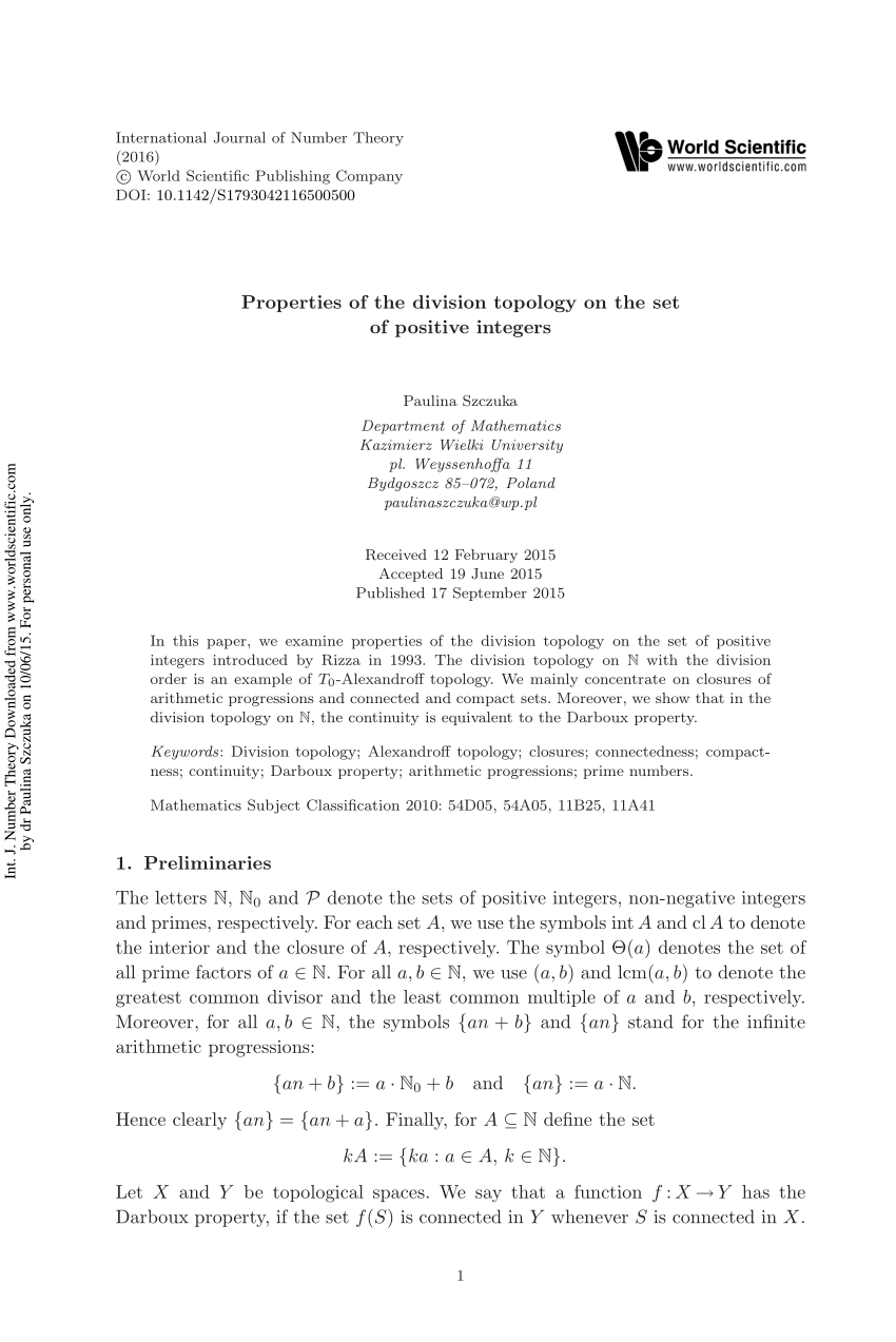 Pdf Properties Of The Division Topology On The Set Of Positive Integers