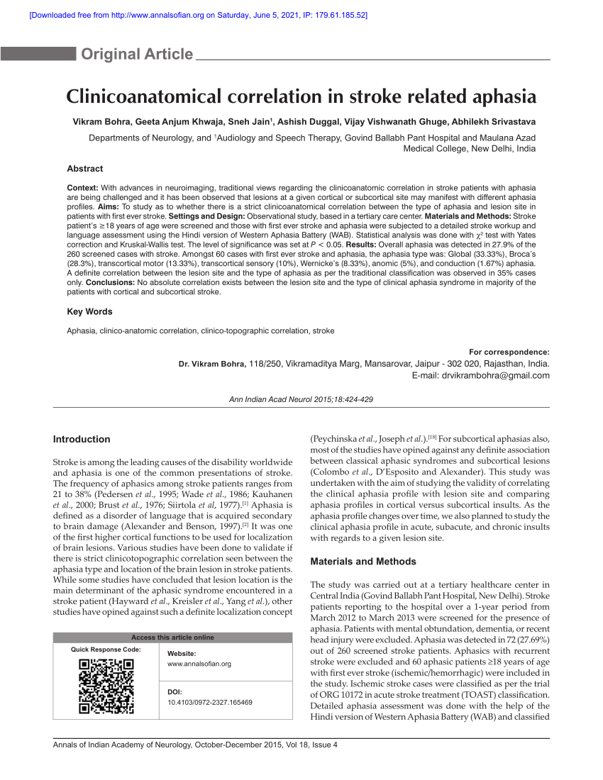 PDF) Clinicoanatomical correlation in stroke related aphasia