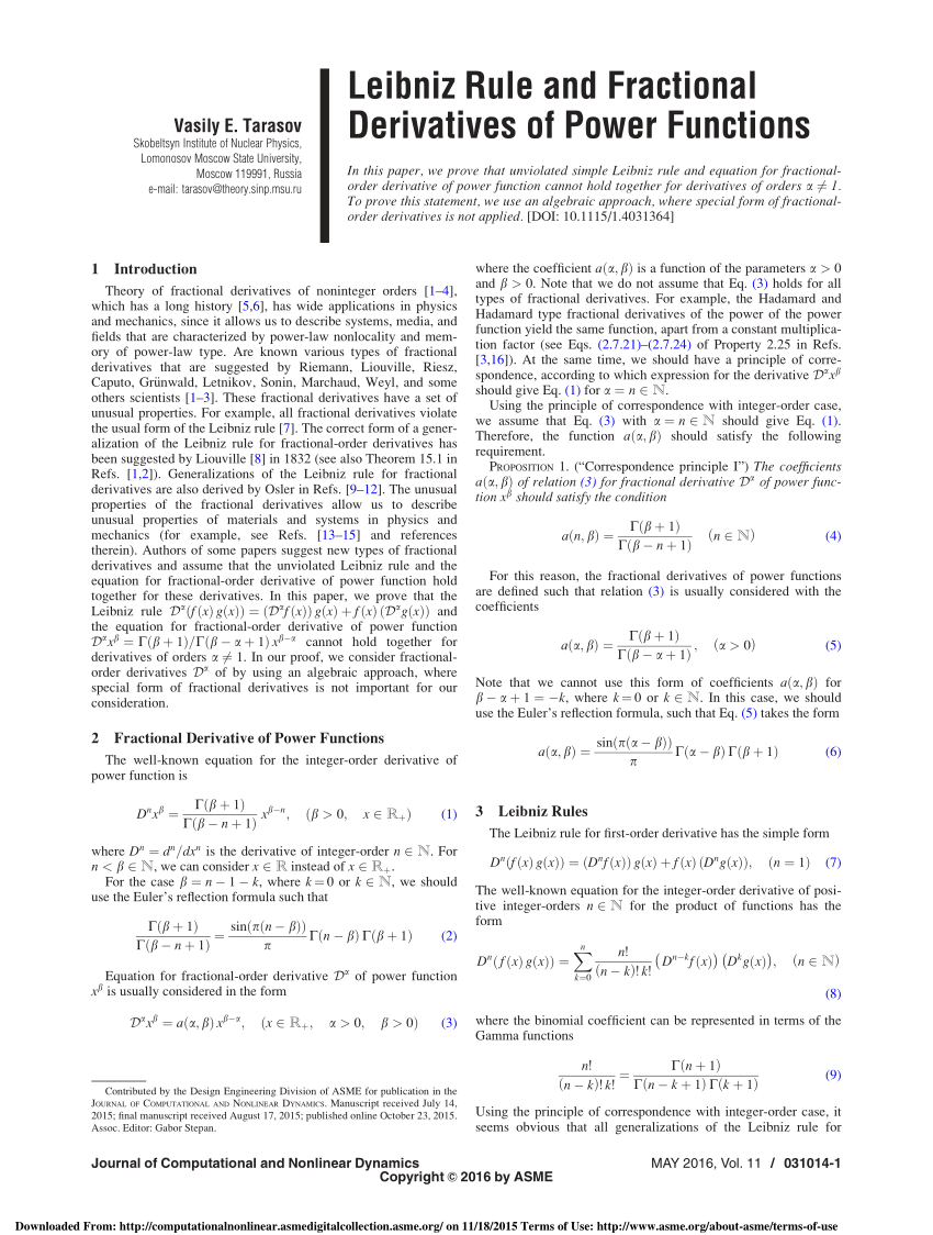 Pdf Leibniz Rule And Fractional Derivatives Of Power Functions