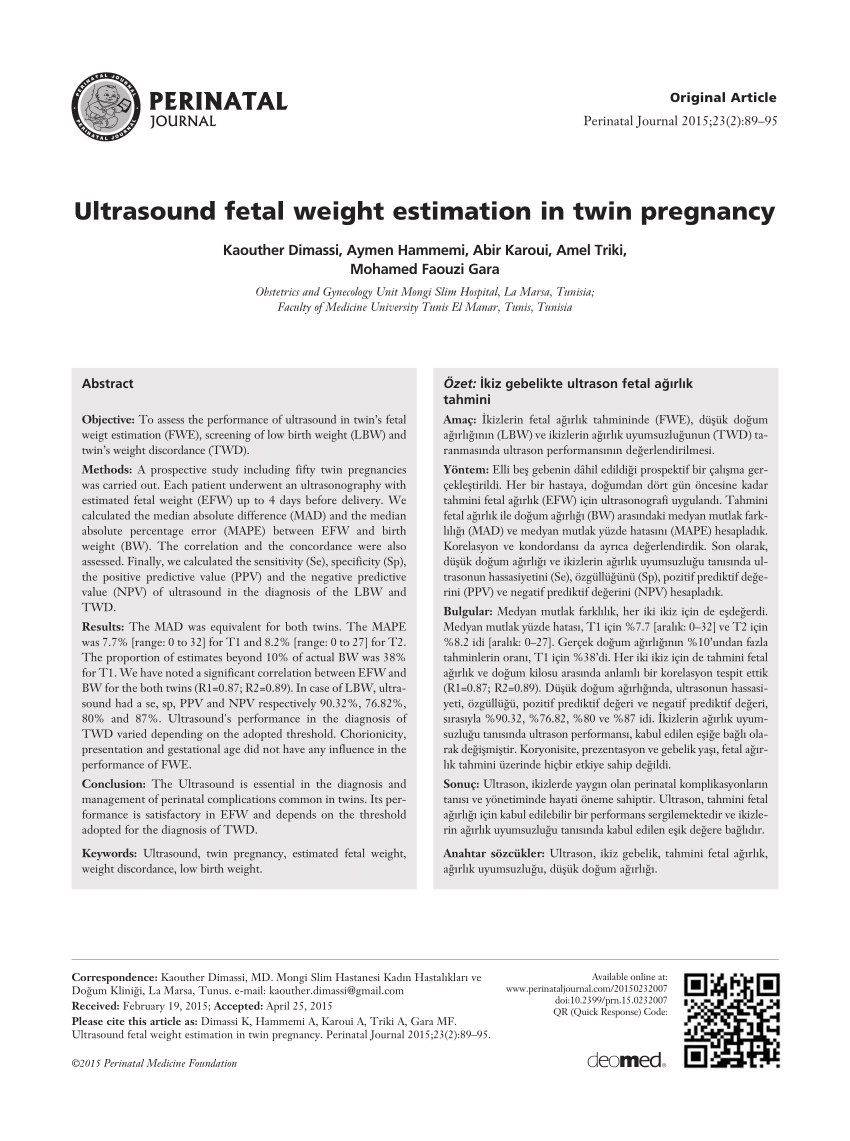 Pdf Ultrasound Fetal Weight Estimation In Twin Pregnancy 