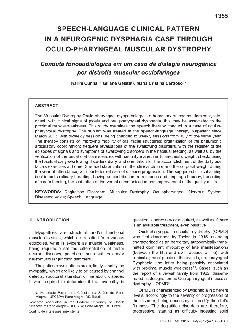 Pdf Conduta Fonoaudiologica Em Um Caso De Disfagia Neurogenica Por Distrofia Muscular Oculofaringea